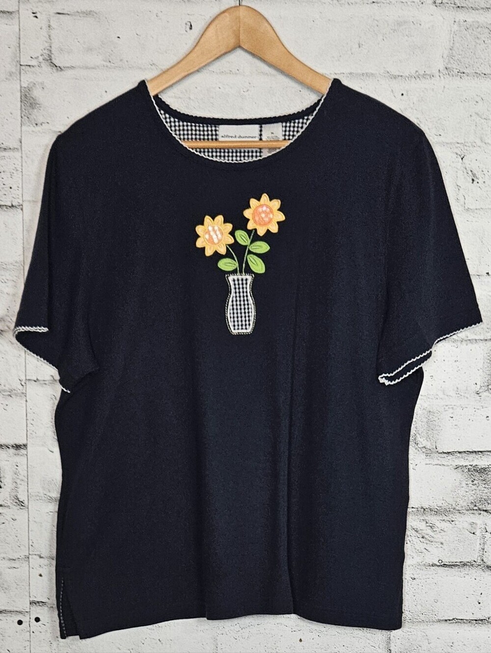 Alfred Dunner Floral Vase Embroidered Top XL Navy Short Sleeve Cotton Blend